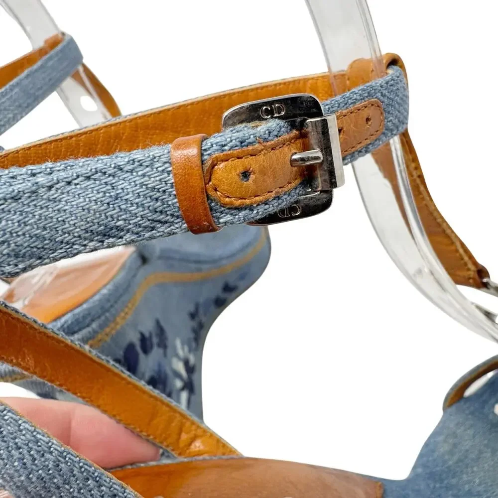 Christian Dior Galliano Denim Floral Embroidered CD Wedge Sandals Size 37